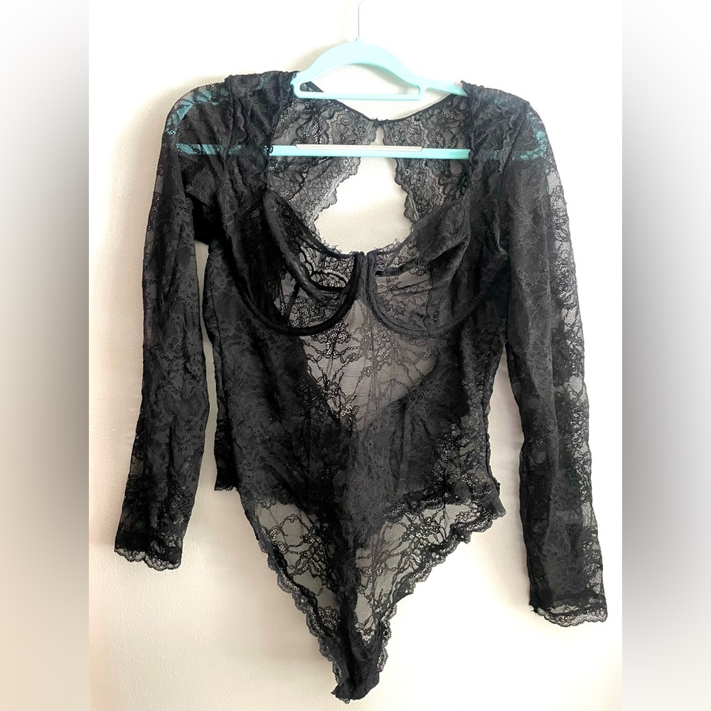 Victoria’s Secret Black Lace Lingerie Body Suit, Long Sleeve, Thong Style, NWT